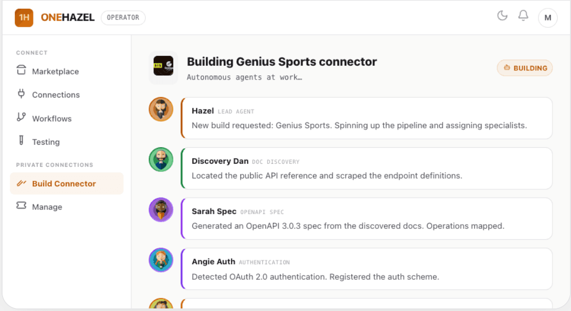 The OneHazel agents reading a vendor's API docs and building the connector
