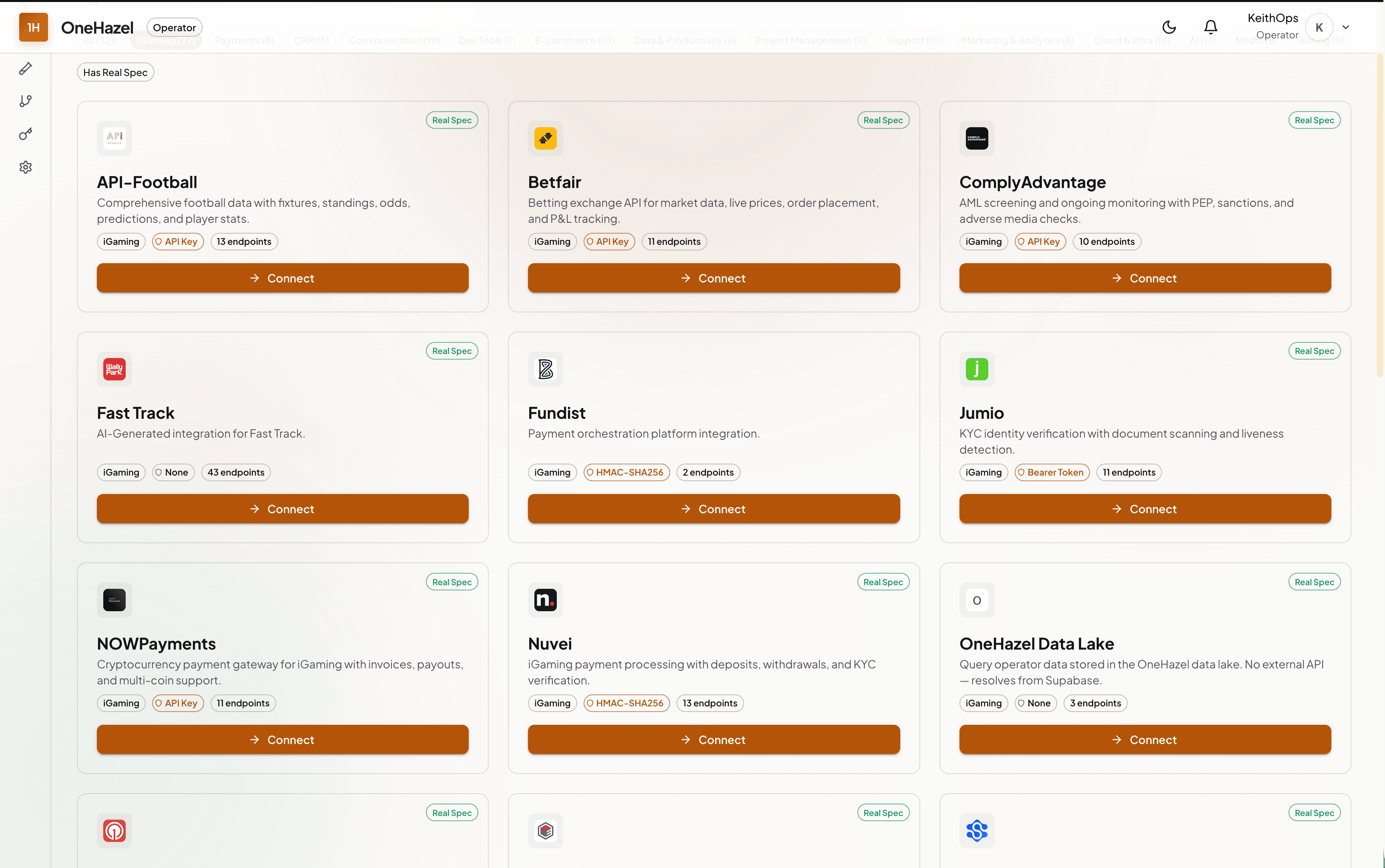 OneHazel marketplace filtered to iGaming: Betfair, Fundist, Jumio, NOWPayments, Nuvei and more live