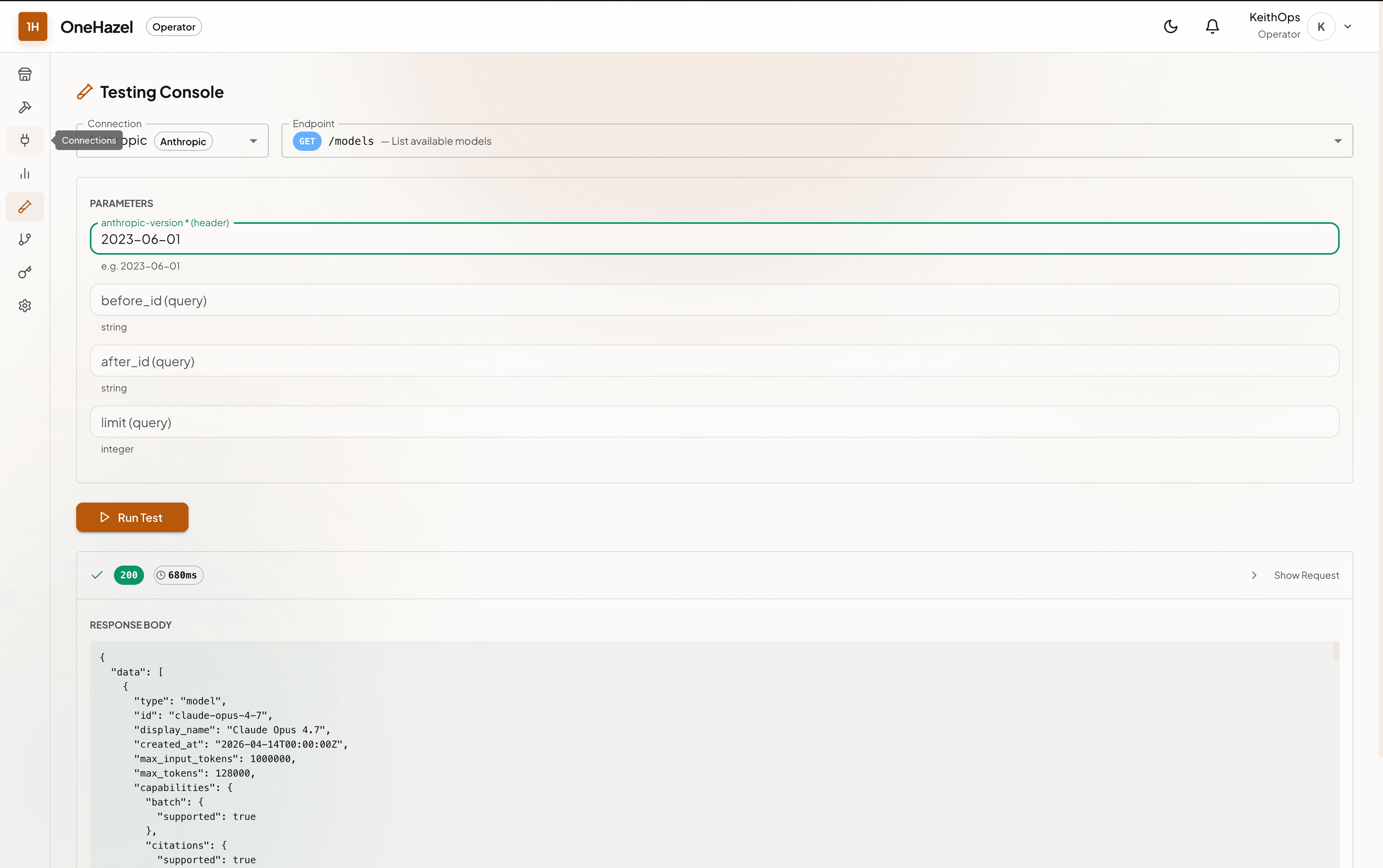 OneHazel in-app testing console running connector smoke tests