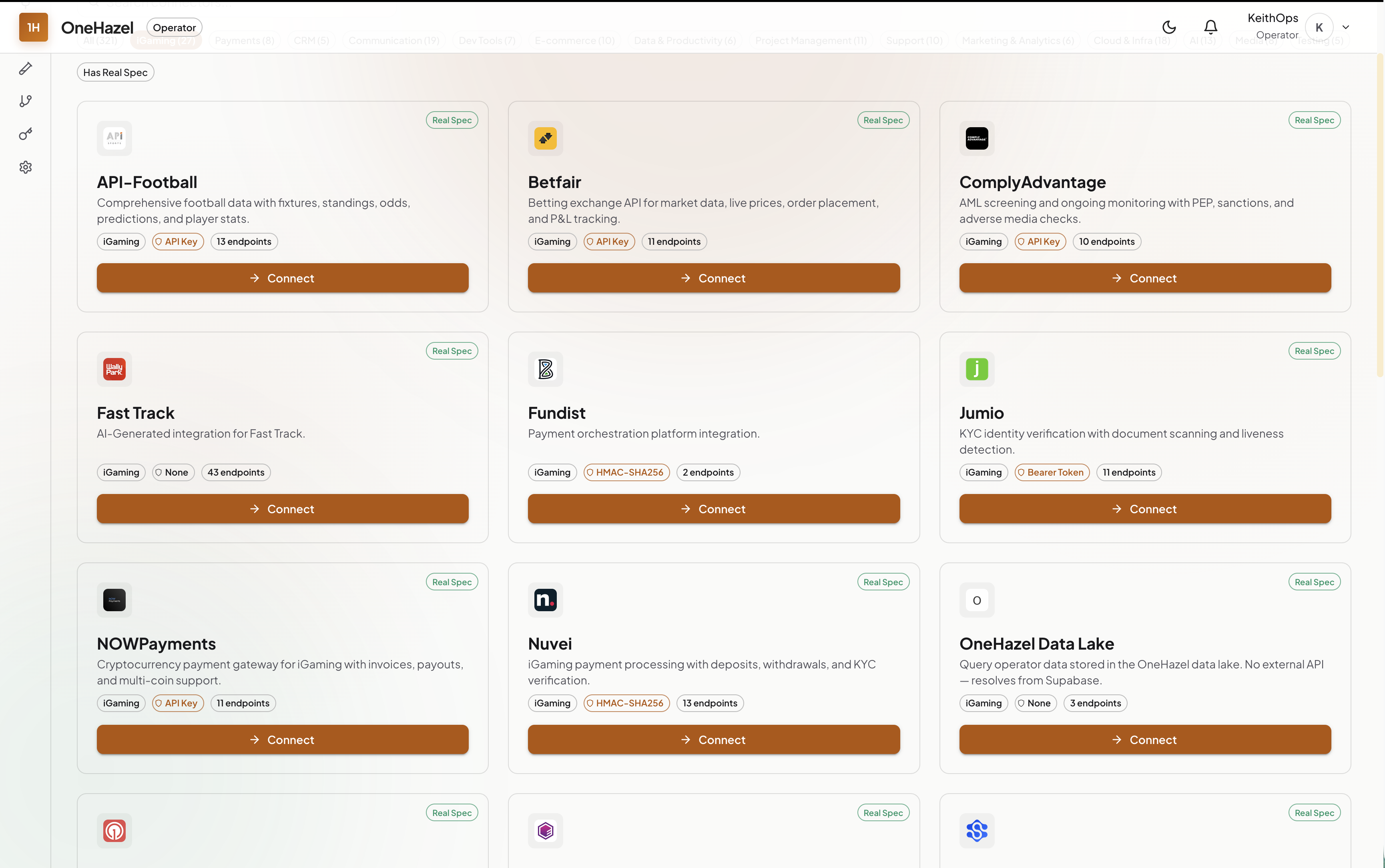 OneHazel marketplace filtered to iGaming — Betfair, Fundist, Jumio, NOWPayments, Nuvei and more live
