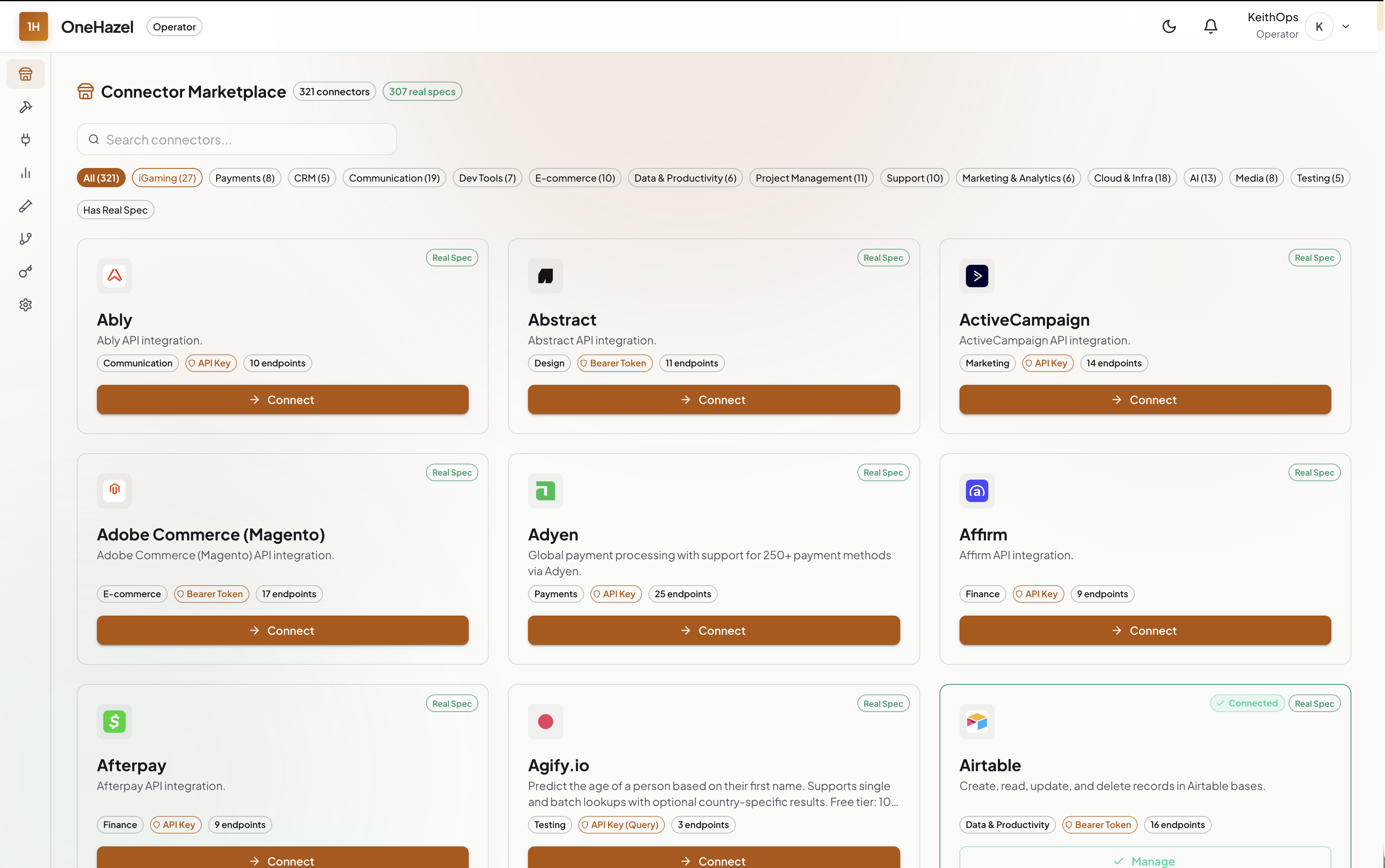 OneHazel connector marketplace — 318 live connectors with category filters