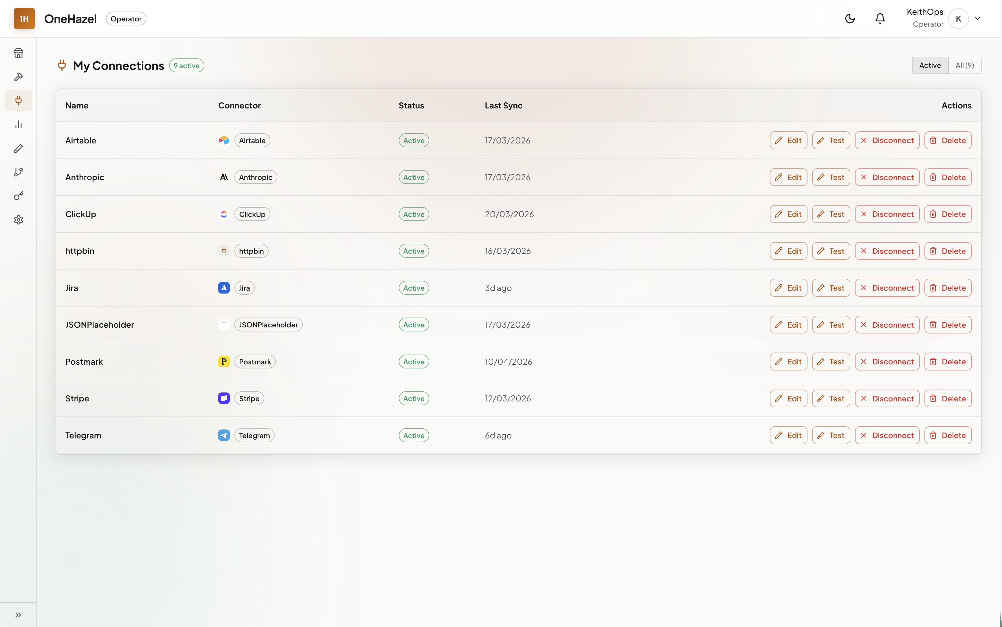 OneHazel My Connections — active vendor connections dashboard