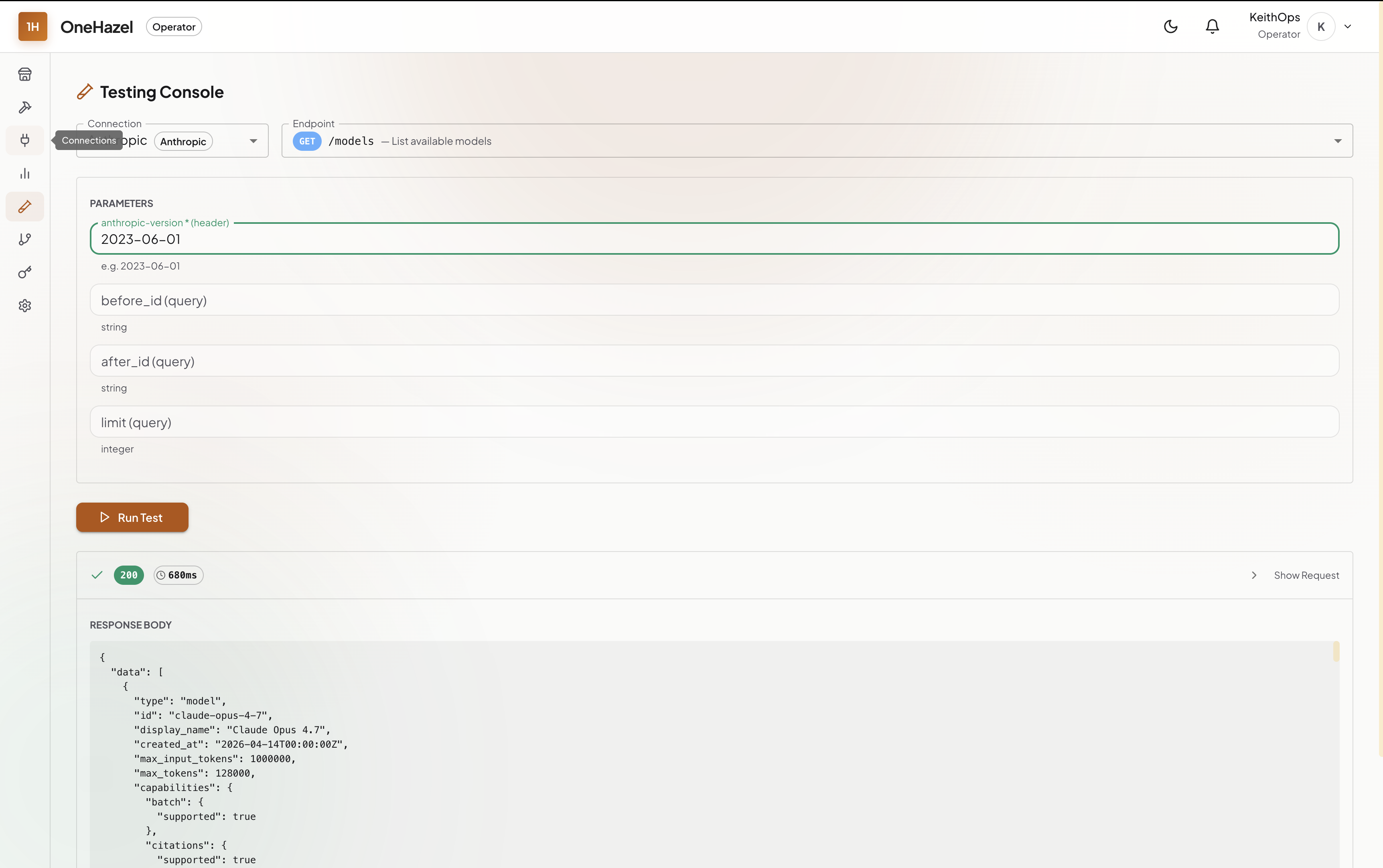 OneHazel API testing console — firing a live Anthropic endpoint call and seeing 200 OK response